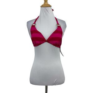BCBG Paris Bikini Top Womens M Medium Pink Striped Ring Halter Tie Back Padded